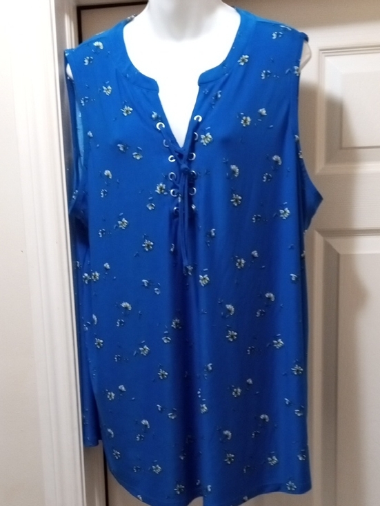 Tops - 💲5⃣▶▶Bold Blue Lace-Up Sleeveless Tunic with Tiny Floral Motif